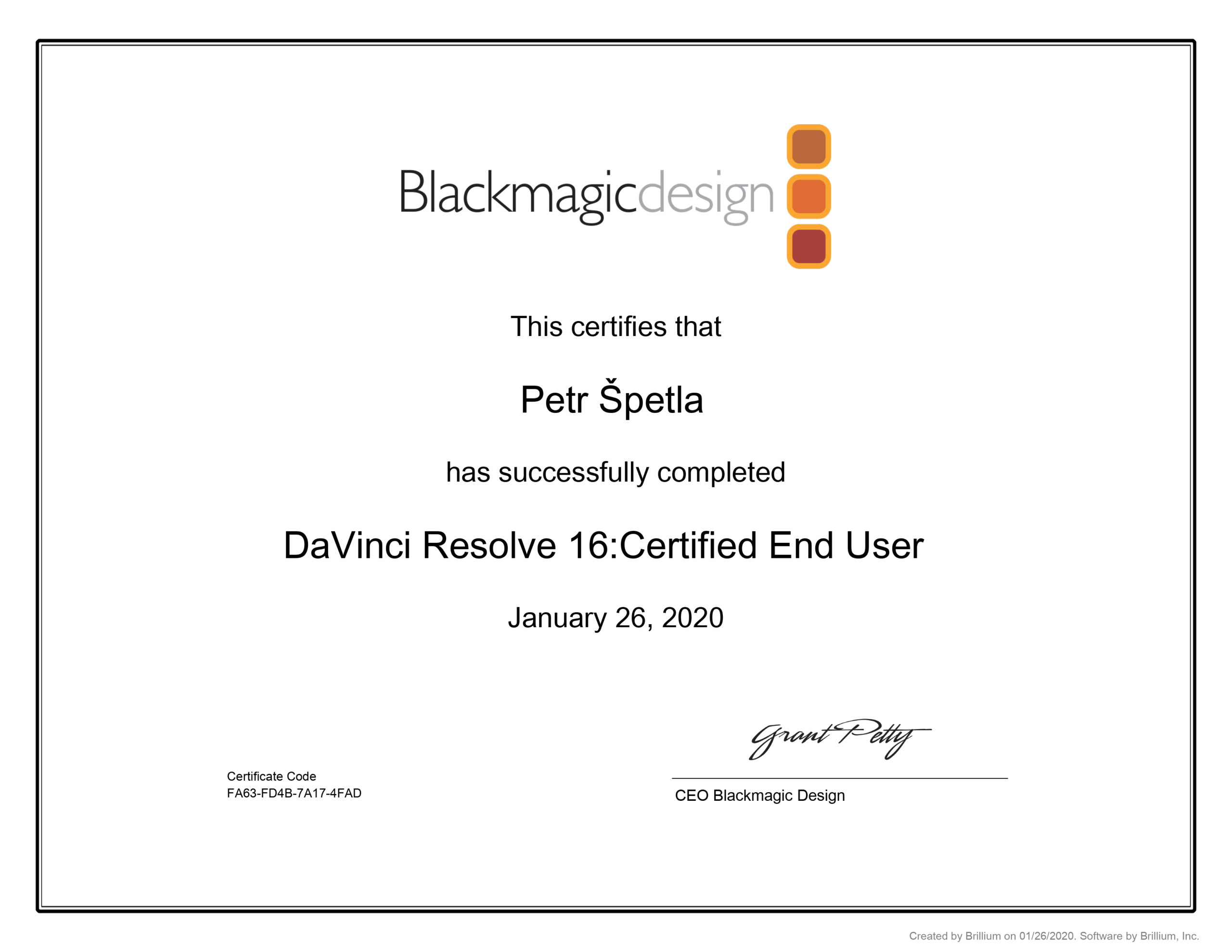 Blackmagic Design certificate