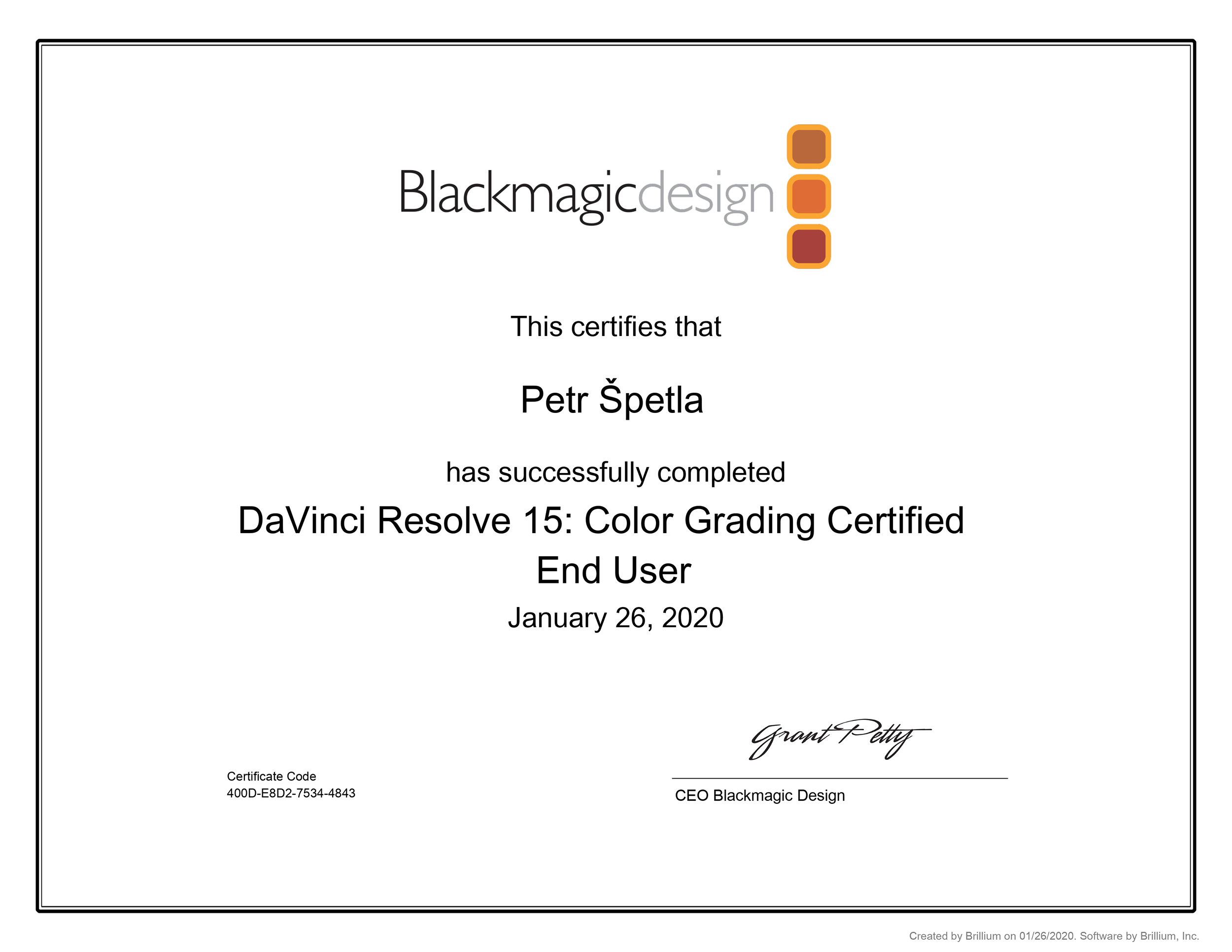 Blackmagic Design colour grading certificate