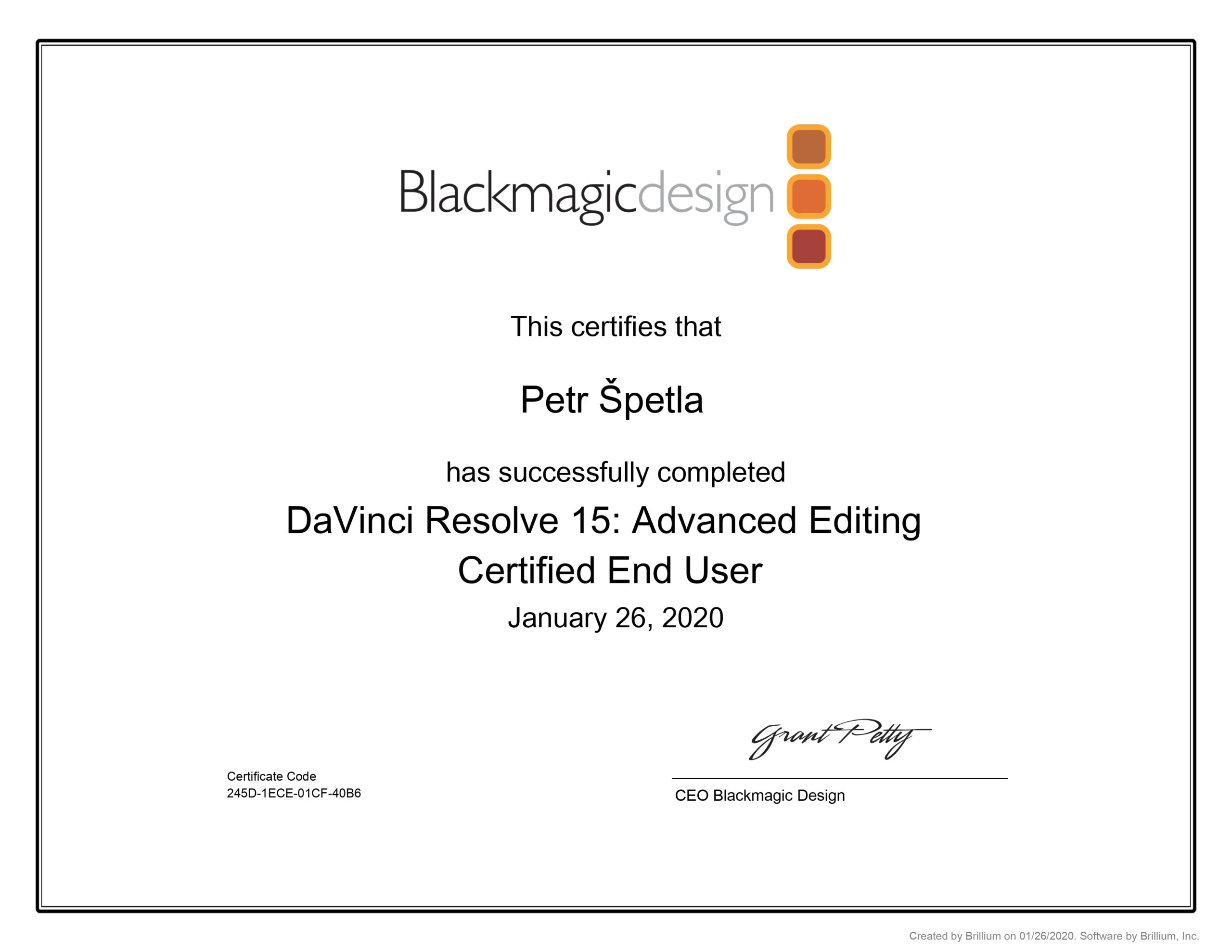 Blackmagic Design editing certificate